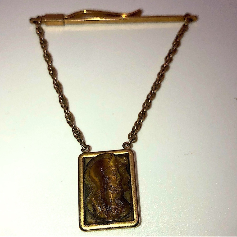 KREMENTZ Carved Cameo Man Gold Tone Tie Bar Clip 2.1” x 2.7” Vintage
